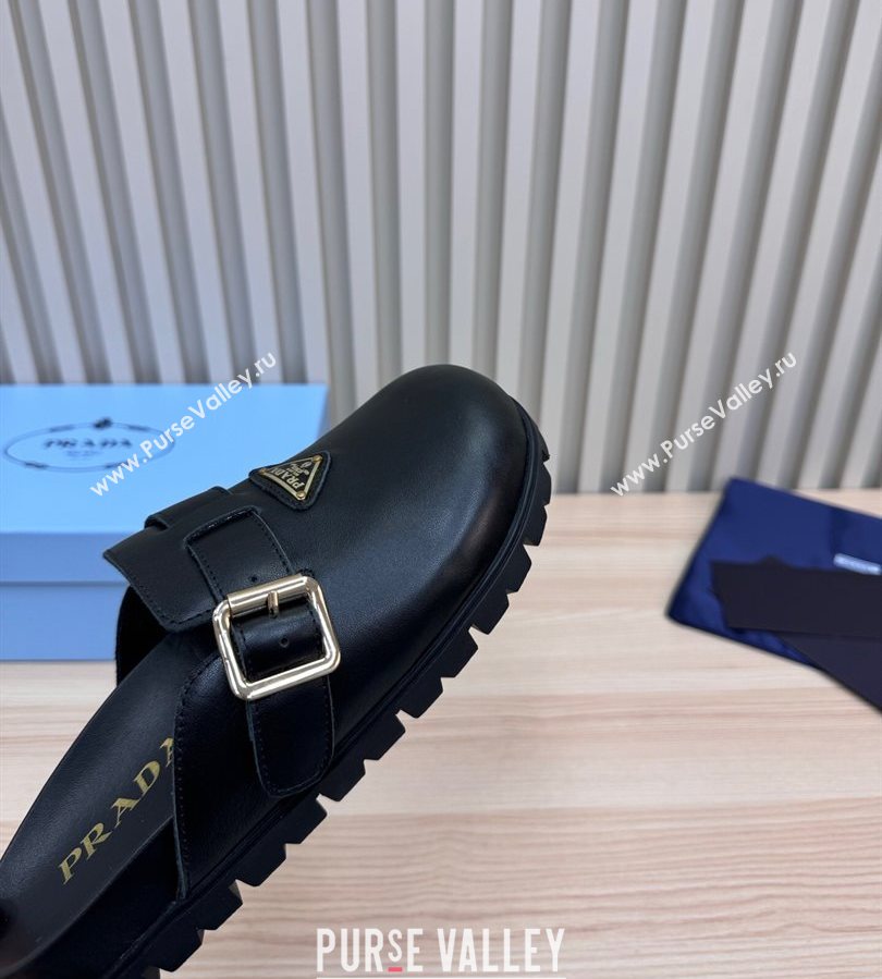 Prada Nappa Leather Flat Mules with Buckle Black 2025 PR071001 (MD-250710110)