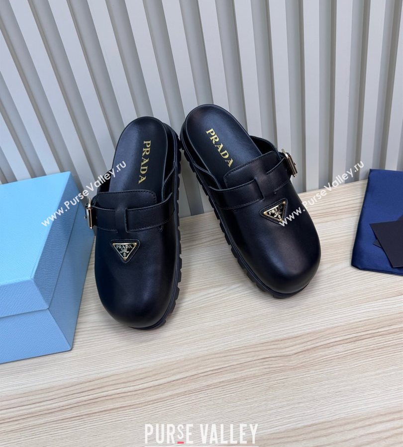 Prada Nappa Leather Flat Mules with Buckle Black 2025 PR071001 (MD-250710110)