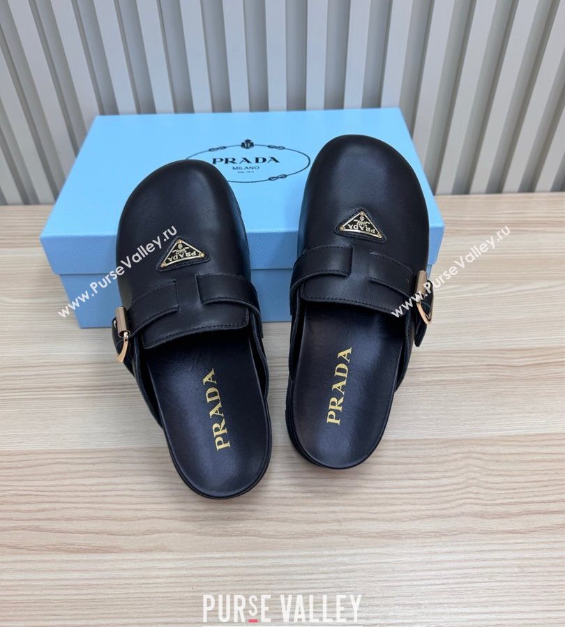 Prada Nappa Leather Flat Mules with Buckle Black 2025 PR071001 (MD-250710110)