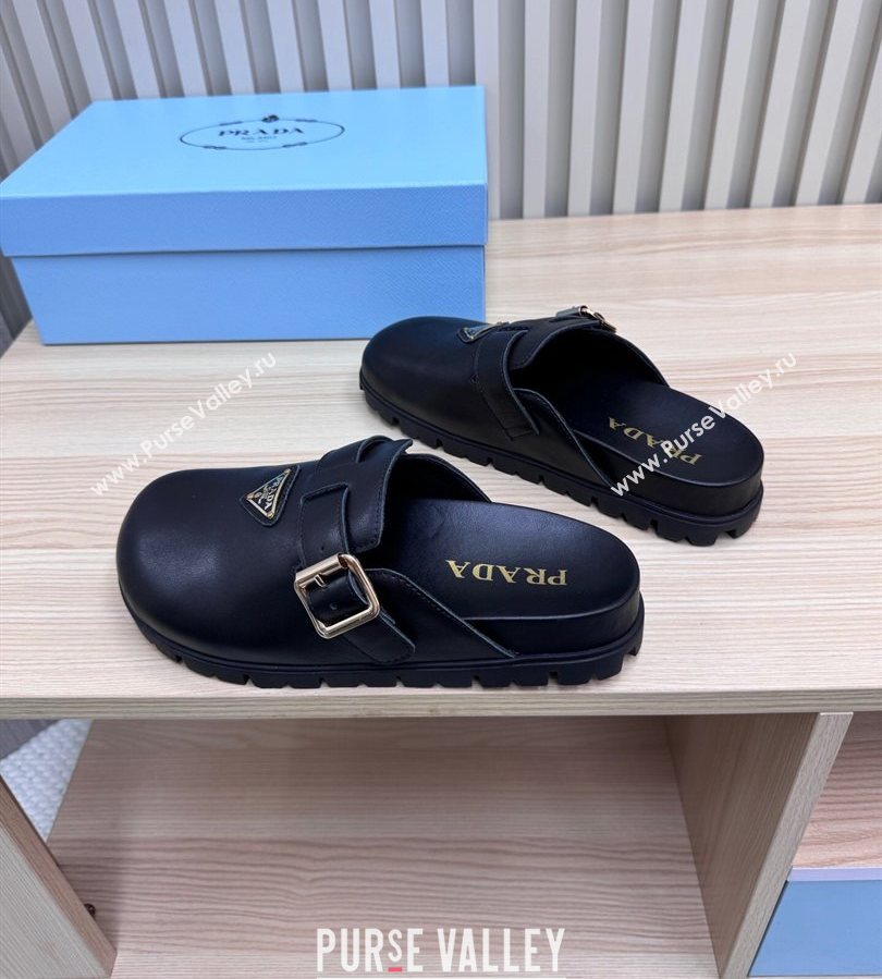 Prada Nappa Leather Flat Mules with Buckle Black 2025 PR071001 (MD-250710110)