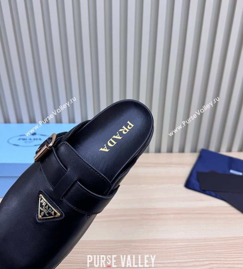Prada Nappa Leather Flat Mules with Buckle Black 2025 PR071001 (MD-250710110)