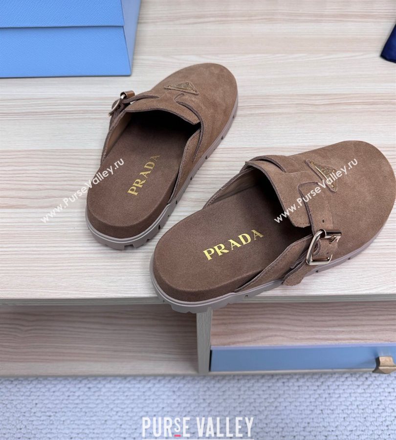Prada Suede Flat Mules with Buckle Taupe Brown 2025 PR071001 (MD-250710111)