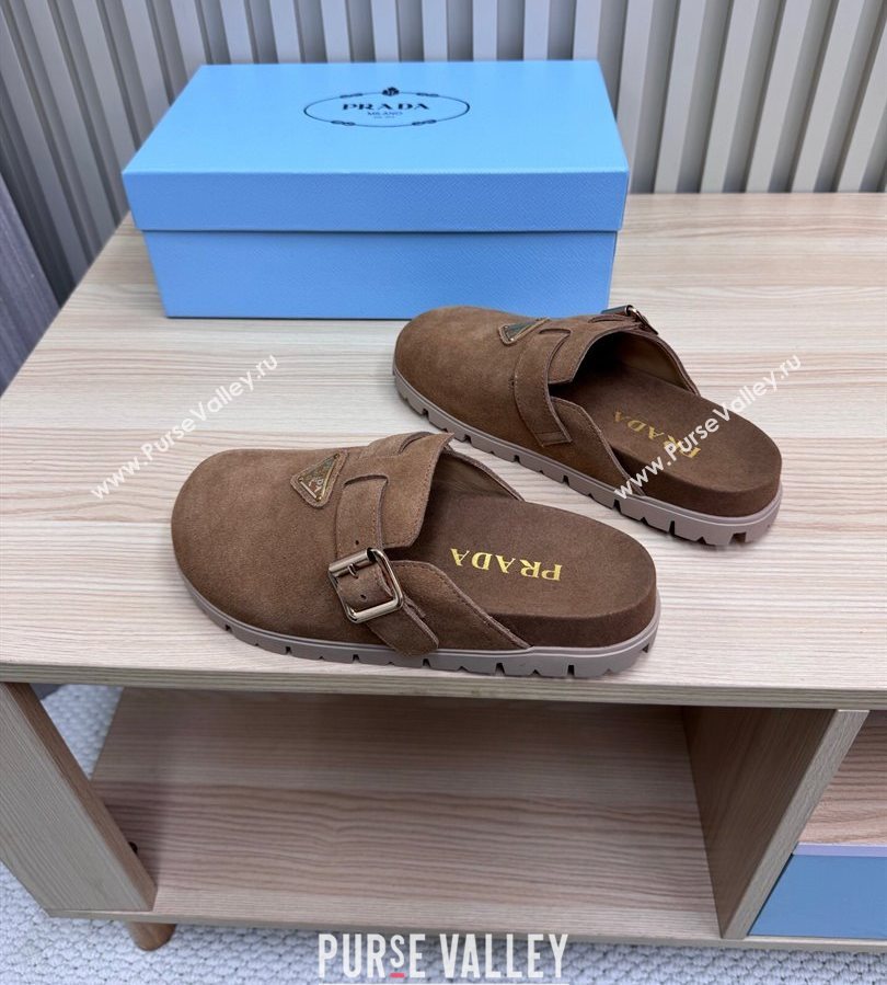Prada Suede Flat Mules with Buckle Taupe Brown 2025 PR071001 (MD-250710111)
