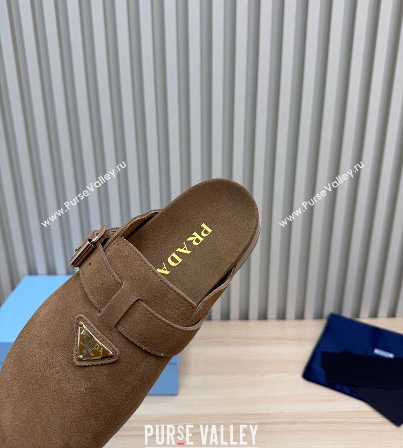 Prada Suede Flat Mules with Buckle Taupe Brown 2025 PR071001 (MD-250710111)