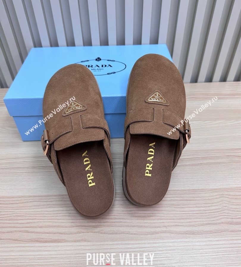 Prada Suede Flat Mules with Buckle Taupe Brown 2025 PR071001 (MD-250710111)