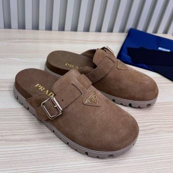 Prada Suede Flat Mules with Buckle Taupe Brown 2025 PR071001 (MD-250710111)