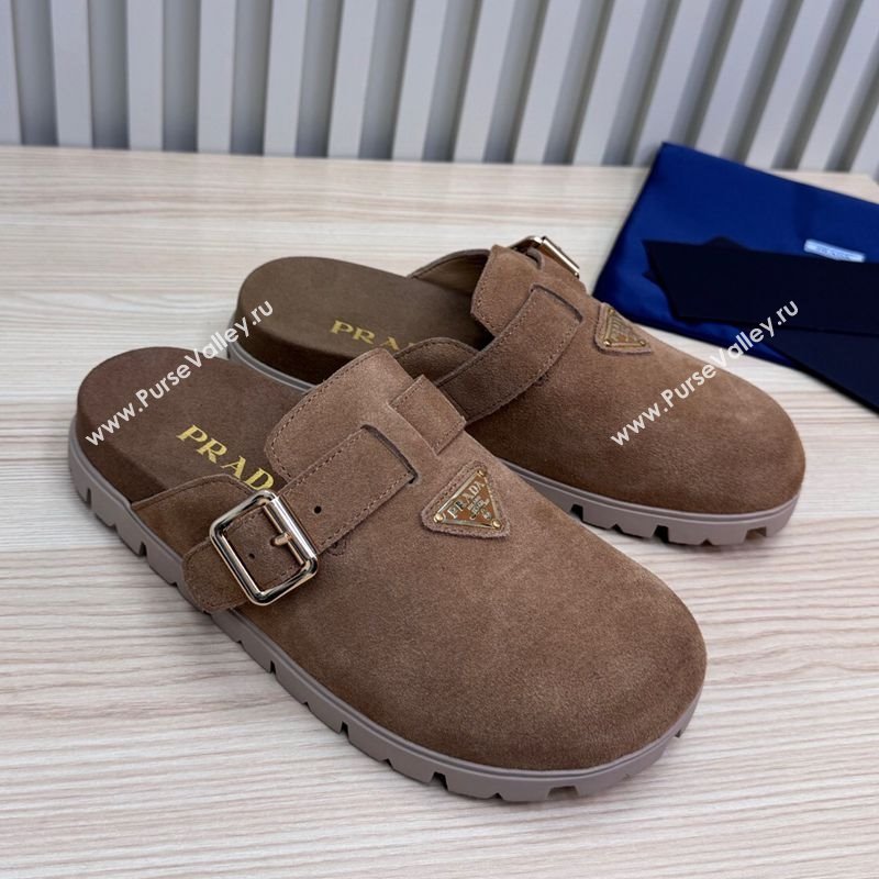 Prada Suede Flat Mules with Buckle Taupe Brown 2025 PR071001 (MD-250710111)