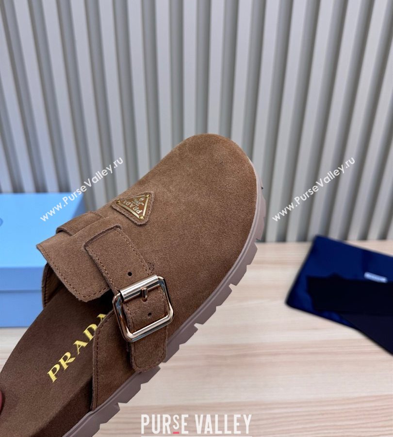 Prada Suede Flat Mules with Buckle Taupe Brown 2025 PR071001 (MD-250710111)