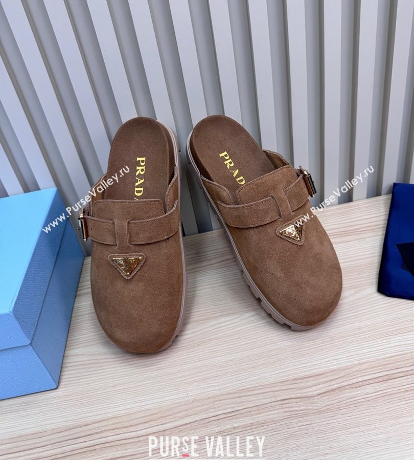 Prada Suede Flat Mules with Buckle Taupe Brown 2025 PR071001 (MD-250710111)