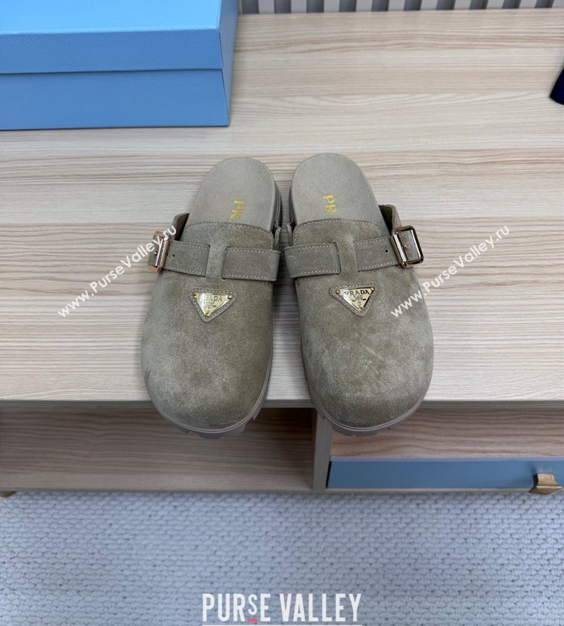 Prada Suede Flat Mules with Buckle Grey 2025 PR071001 (MD-250710113)