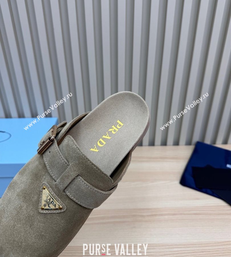 Prada Suede Flat Mules with Buckle Grey 2025 PR071001 (MD-250710113)
