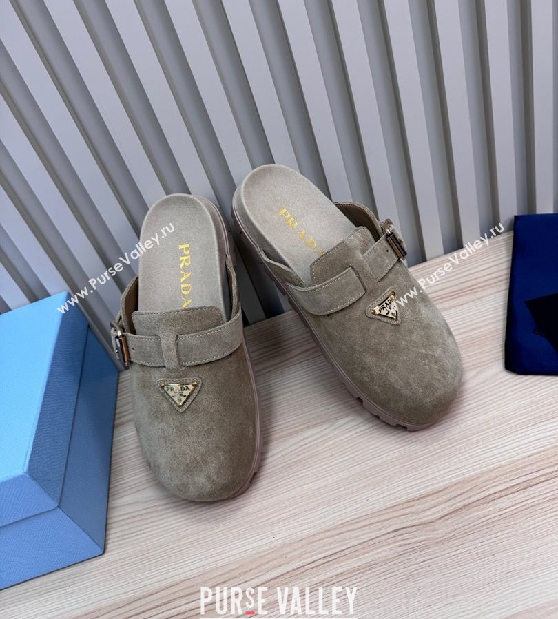 Prada Suede Flat Mules with Buckle Grey 2025 PR071001 (MD-250710113)