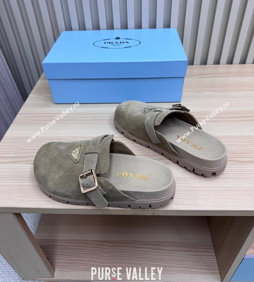 Prada Suede Flat Mules with Buckle Grey 2025 PR071001 (MD-250710113)