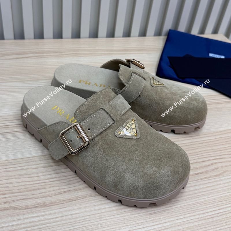 Prada Suede Flat Mules with Buckle Grey 2025 PR071001 (MD-250710113)