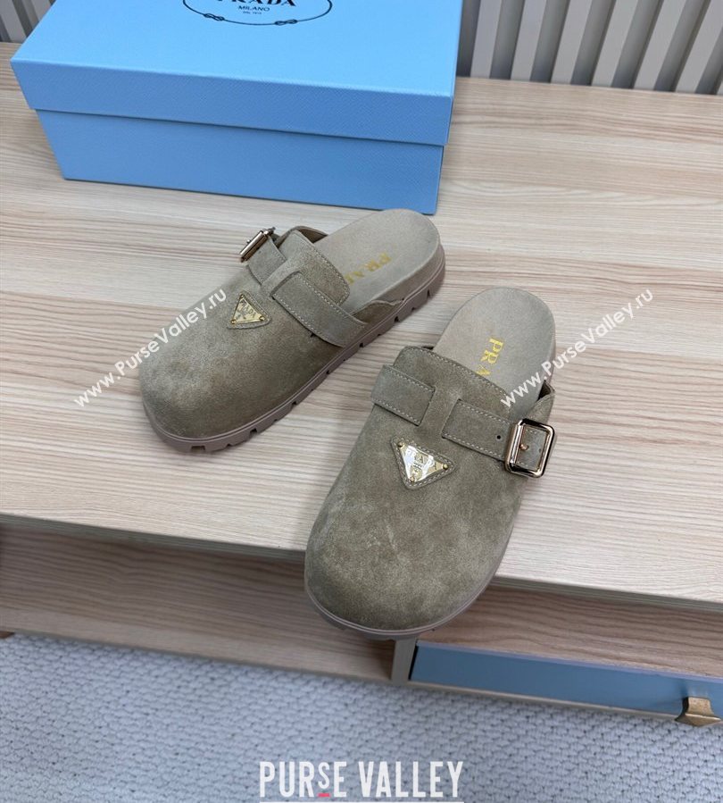 Prada Suede Flat Mules with Buckle Grey 2025 PR071001 (MD-250710113)