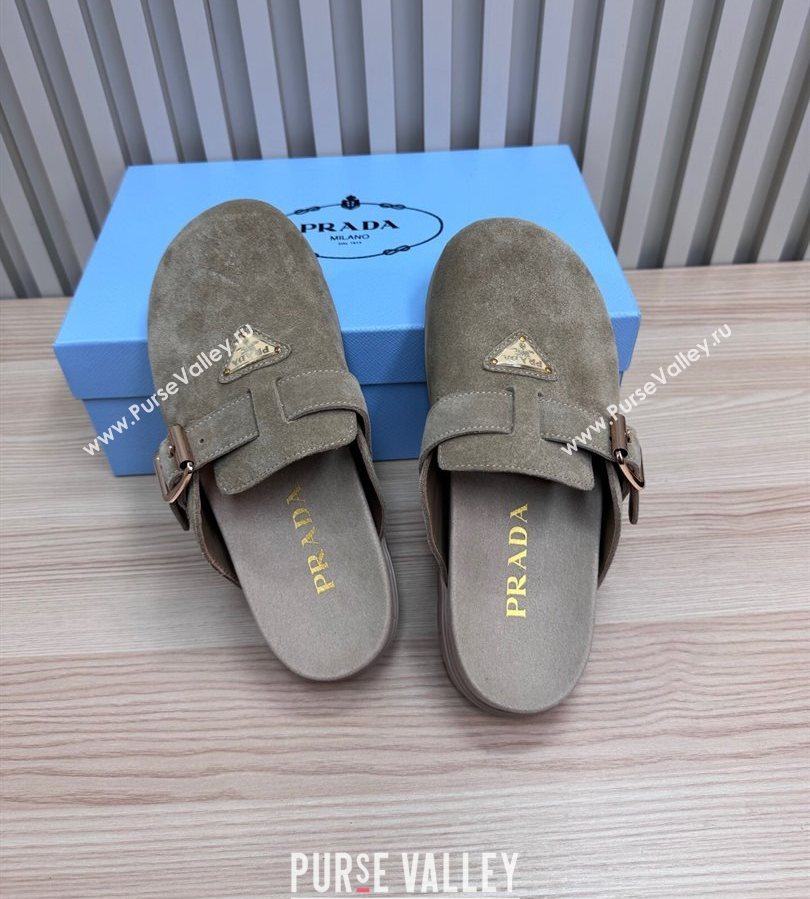 Prada Suede Flat Mules with Buckle Grey 2025 PR071001 (MD-250710113)