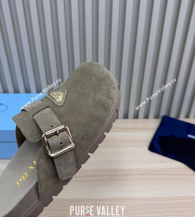 Prada Suede Flat Mules with Buckle Grey 2025 PR071001 (MD-250710113)