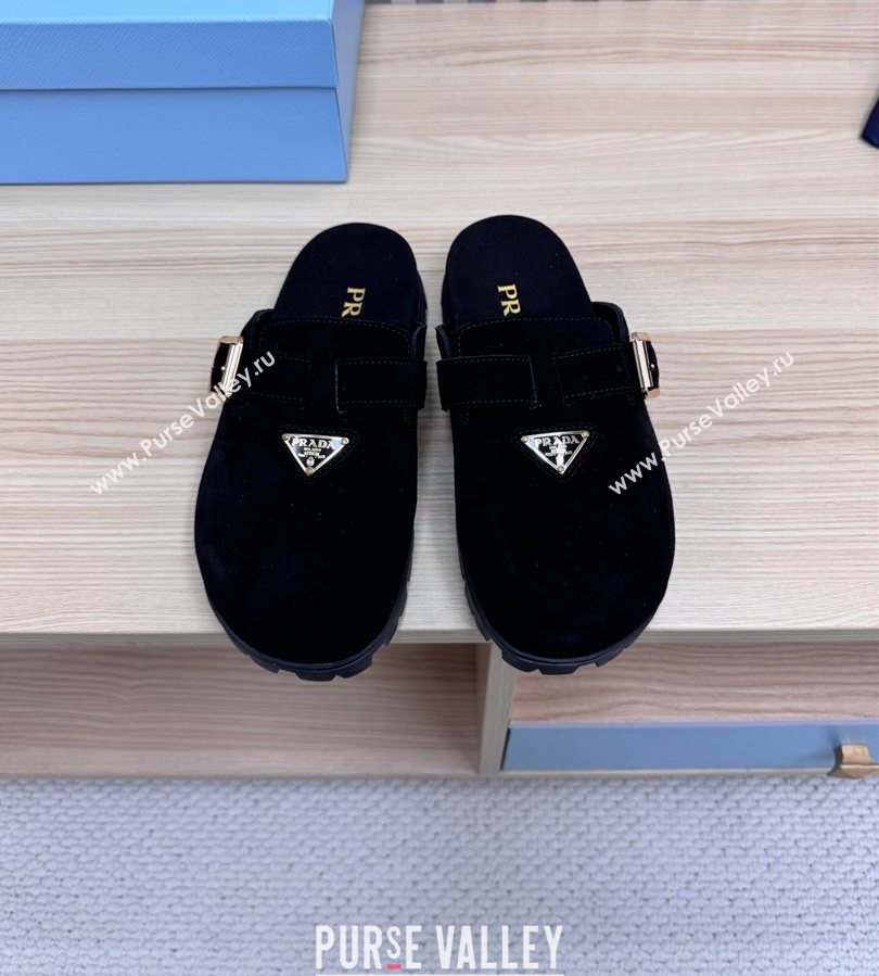 Prada Suede Flat Mules with Buckle Black 2025 PR071001 (MD-250710114)