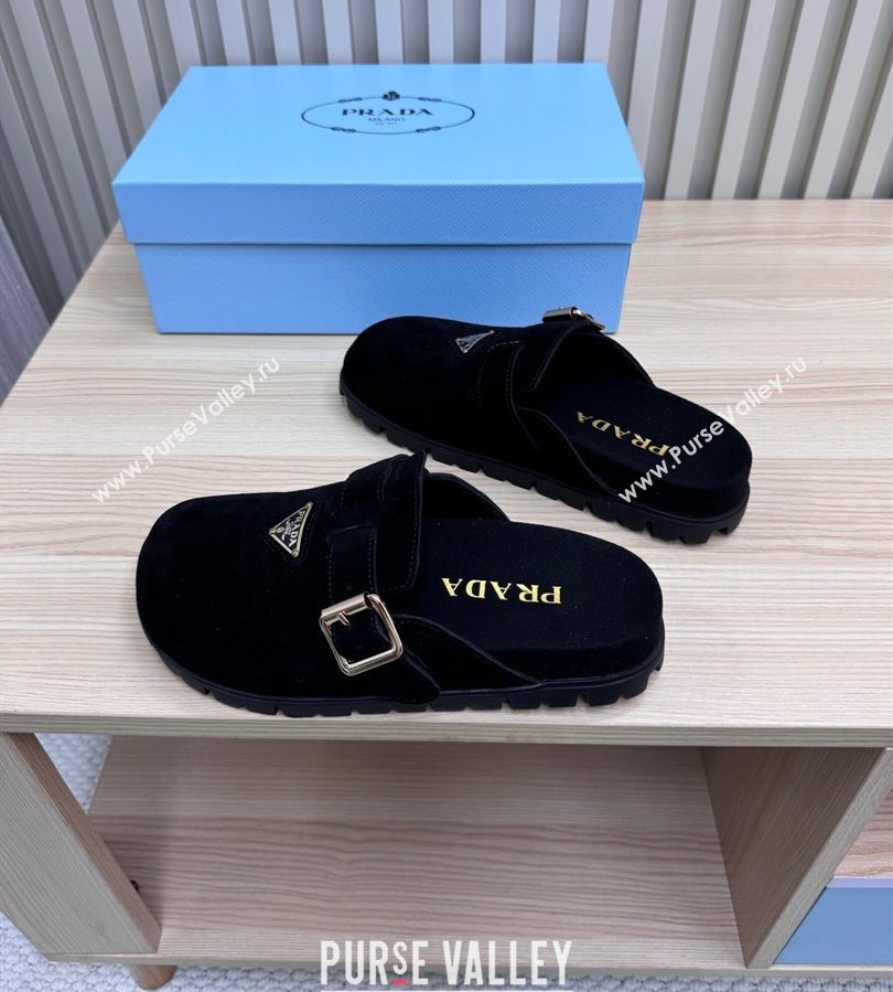 Prada Suede Flat Mules with Buckle Black 2025 PR071001 (MD-250710114)