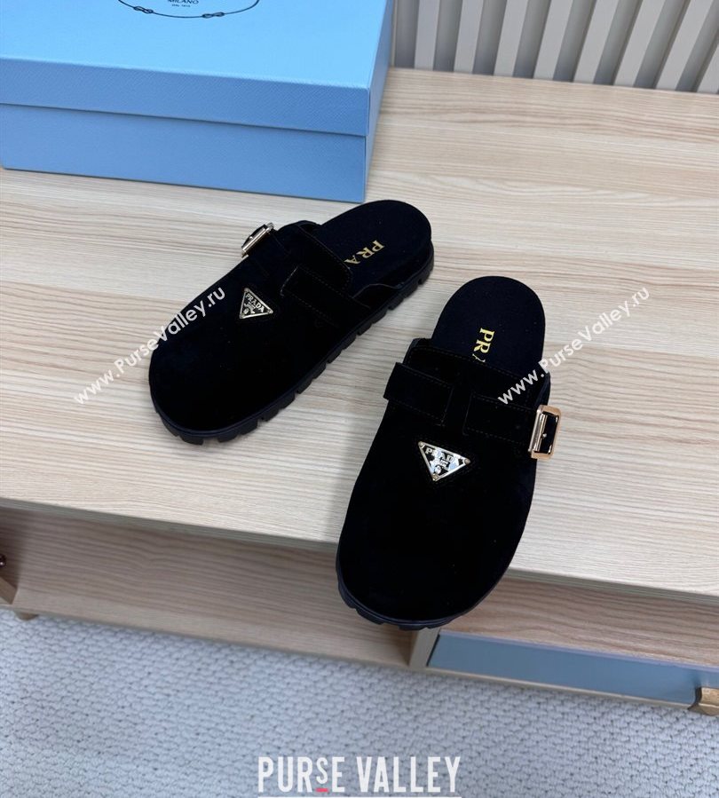 Prada Suede Flat Mules with Buckle Black 2025 PR071001 (MD-250710114)