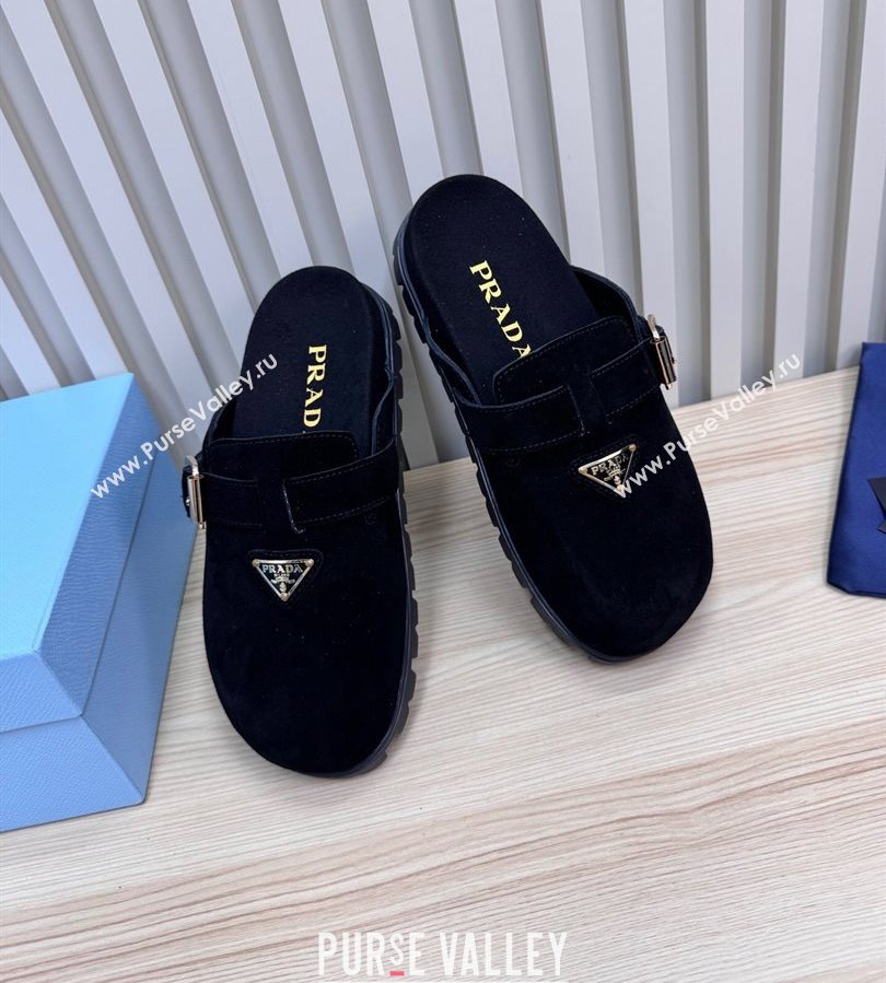 Prada Suede Flat Mules with Buckle Black 2025 PR071001 (MD-250710114)
