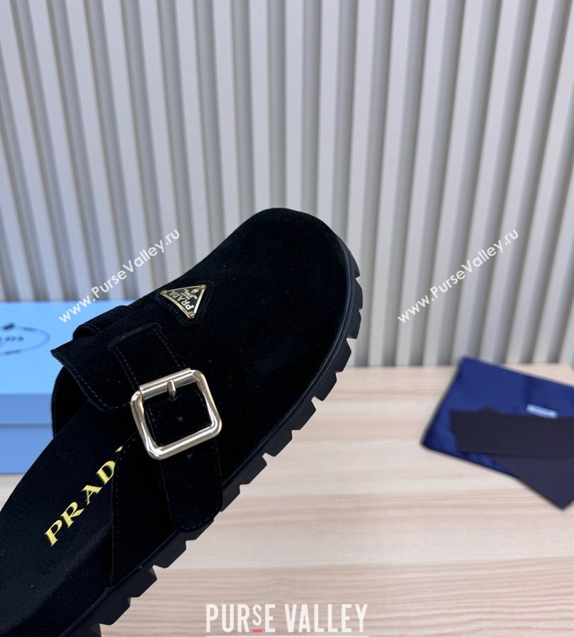 Prada Suede Flat Mules with Buckle Black 2025 PR071001 (MD-250710114)