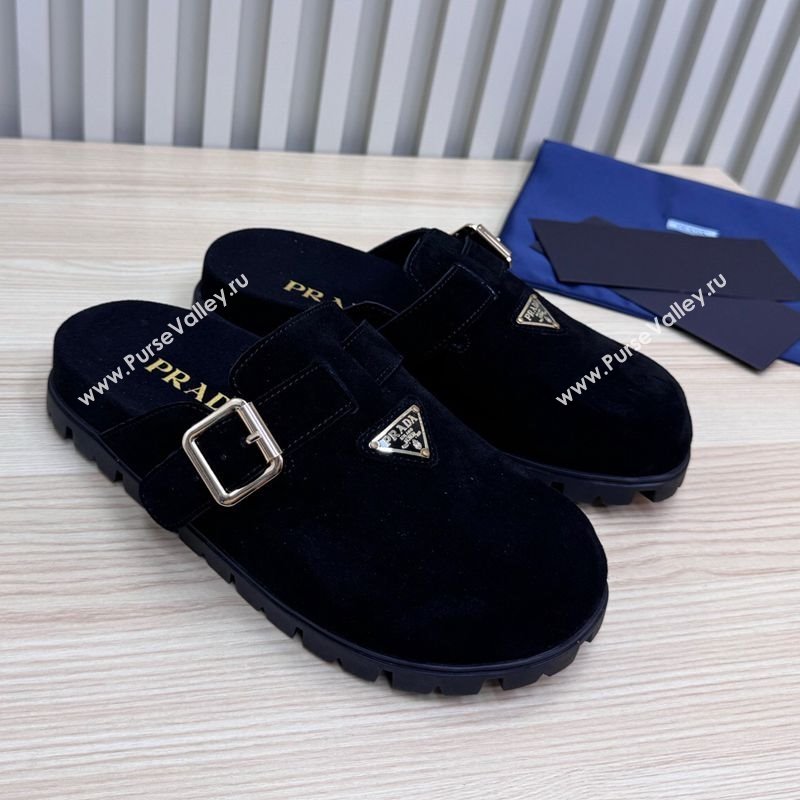 Prada Suede Flat Mules with Buckle Black 2025 PR071001 (MD-250710114)