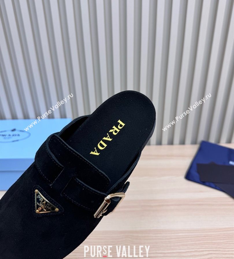 Prada Suede Flat Mules with Buckle Black 2025 PR071001 (MD-250710114)