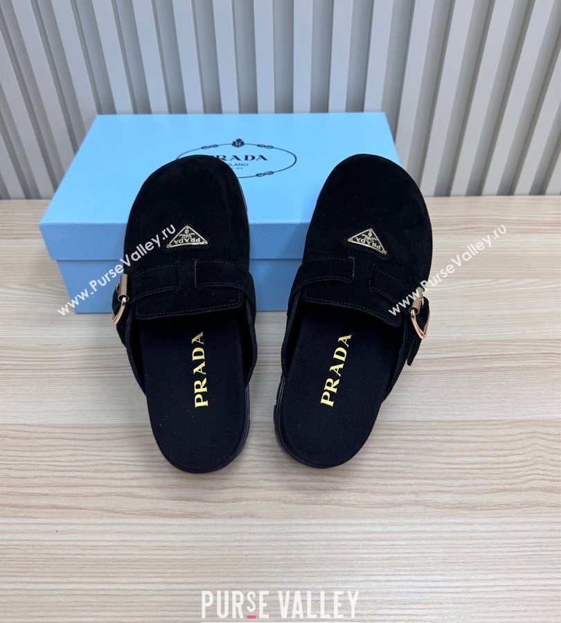 Prada Suede Flat Mules with Buckle Black 2025 PR071001 (MD-250710114)