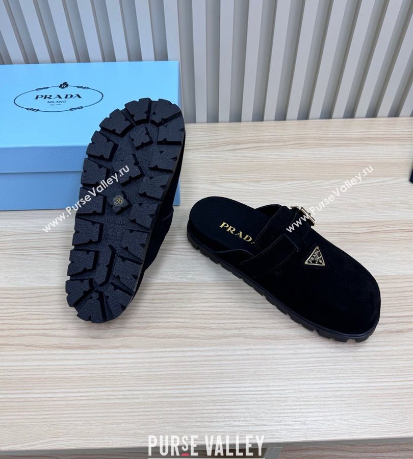 Prada Suede Flat Mules with Buckle Black 2025 PR071001 (MD-250710114)