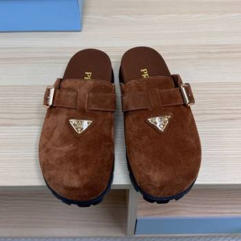 Prada Suede Flat Mules with Buckle Dark Brown 2025 PR071001 (MD-250710115)