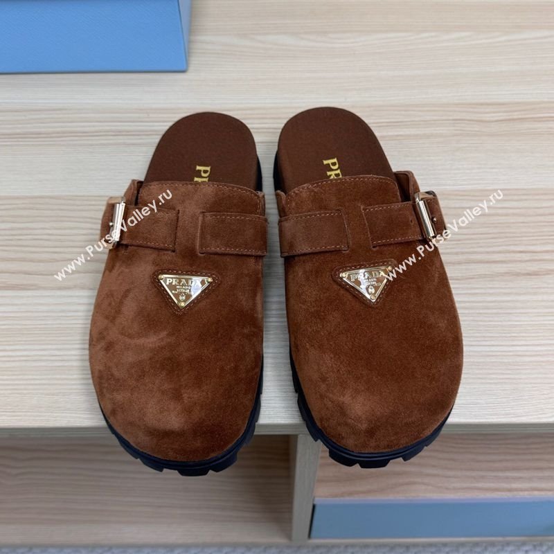 Prada Suede Flat Mules with Buckle Dark Brown 2025 PR071001 (MD-250710115)