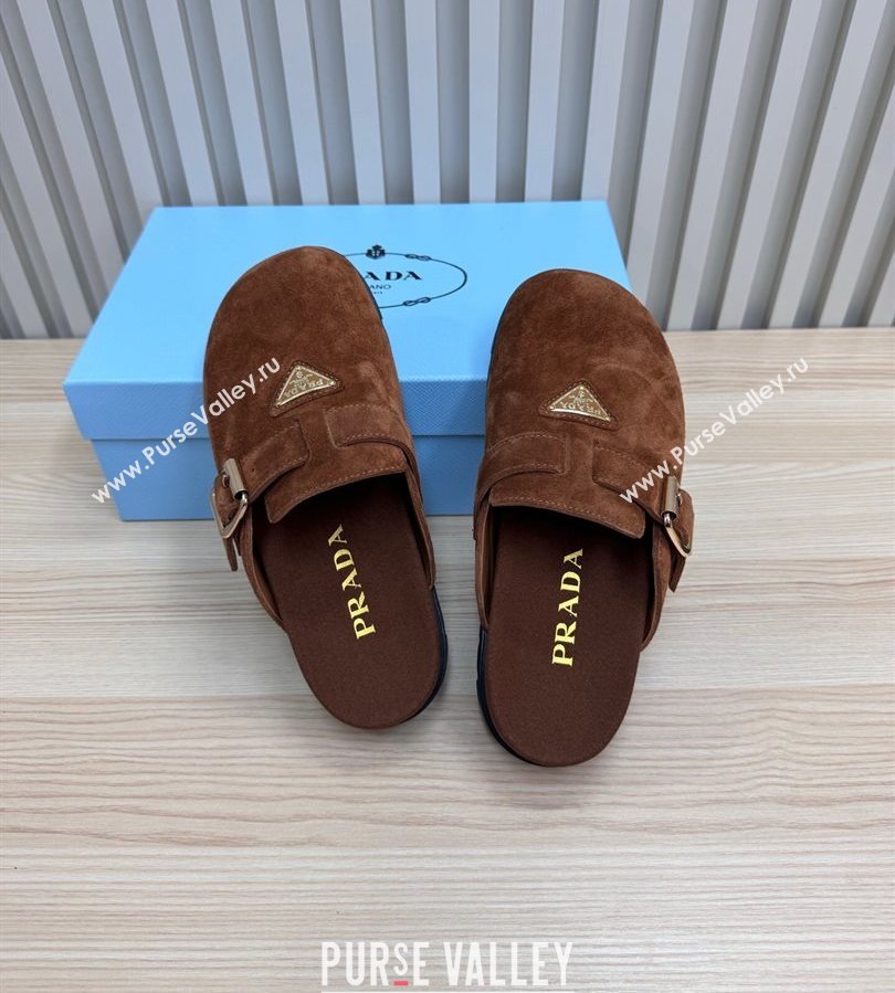 Prada Suede Flat Mules with Buckle Dark Brown 2025 PR071001 (MD-250710115)