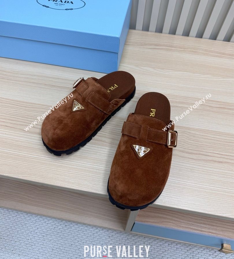 Prada Suede Flat Mules with Buckle Dark Brown 2025 PR071001 (MD-250710115)