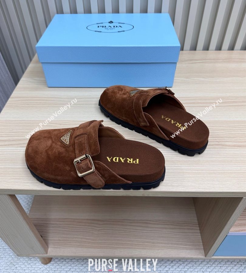 Prada Suede Flat Mules with Buckle Dark Brown 2025 PR071001 (MD-250710115)