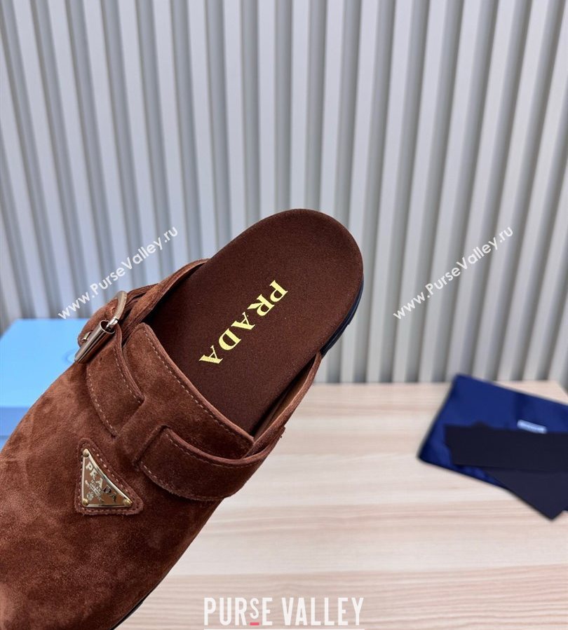 Prada Suede Flat Mules with Buckle Dark Brown 2025 PR071001 (MD-250710115)