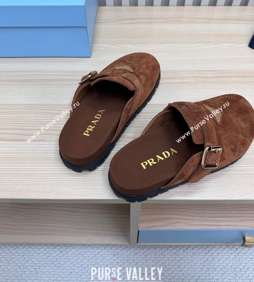 Prada Suede Flat Mules with Buckle Dark Brown 2025 PR071001 (MD-250710115)