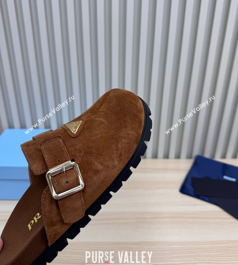 Prada Suede Flat Mules with Buckle Dark Brown 2025 PR071001 (MD-250710115)