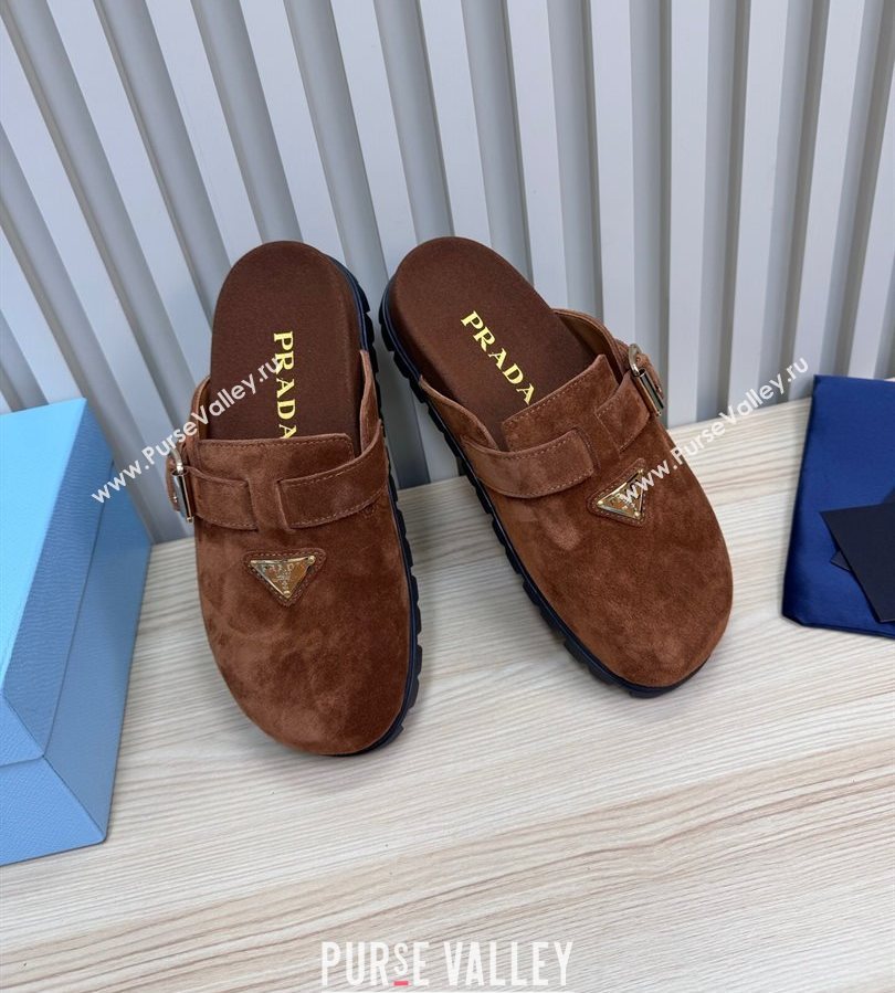 Prada Suede Flat Mules with Buckle Dark Brown 2025 PR071001 (MD-250710115)