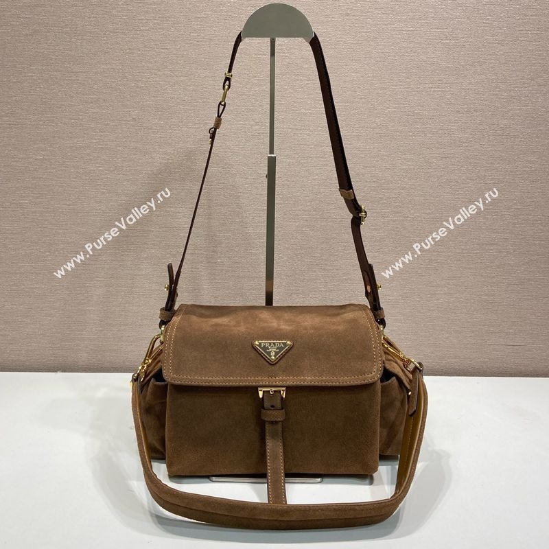 Prada Explore medium suede shoulder bag with flap Cocoa Brown 2025 1BD394 (YZ-250808051)