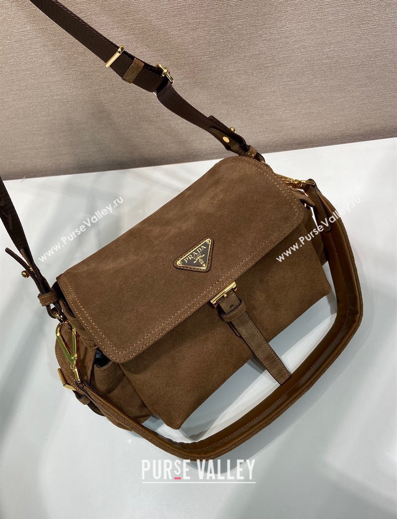 Prada Explore medium suede shoulder bag with flap Cocoa Brown 2025 1BD394 (YZ-250808051)