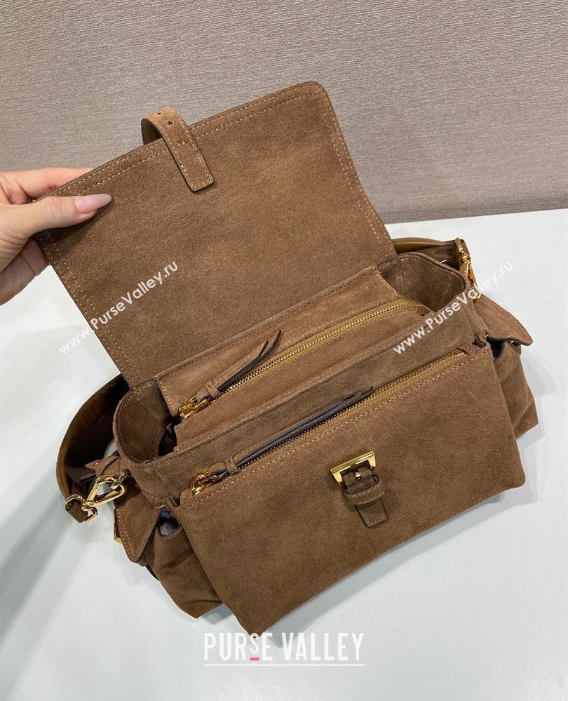 Prada Explore medium suede shoulder bag with flap Cocoa Brown 2025 1BD394 (YZ-250808051)