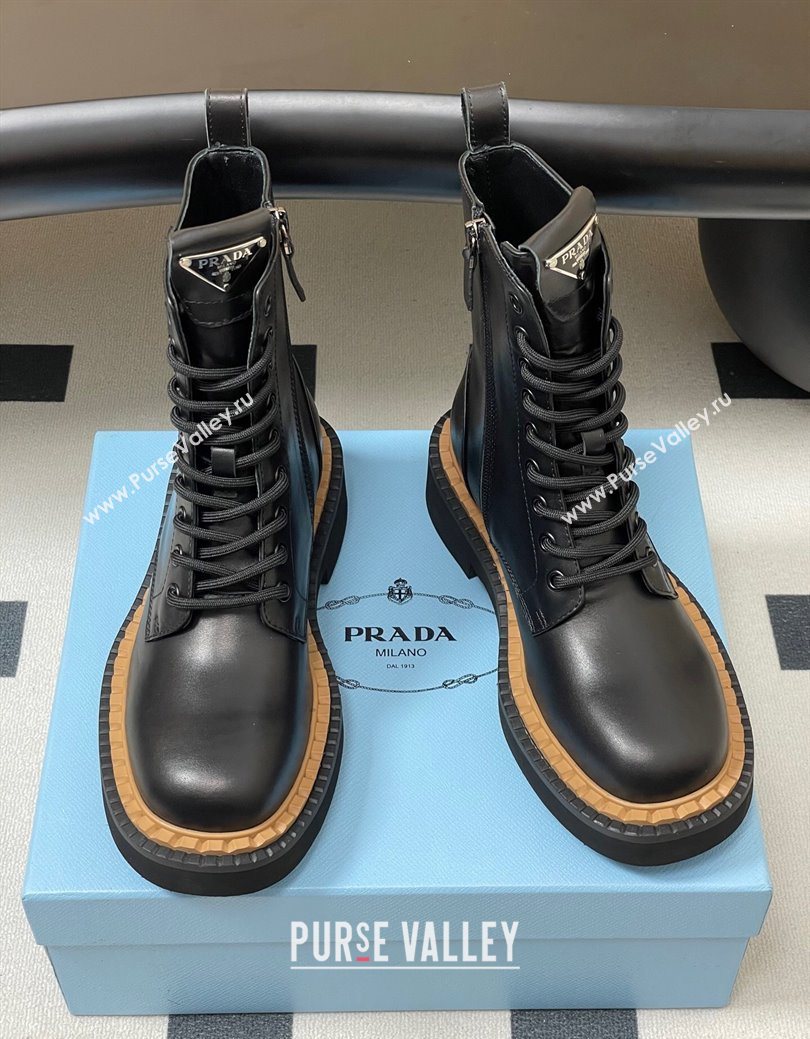 Prada Calf Leather Laced-up Ankle Boots Black 2025 PR082510 (MD-250825054)