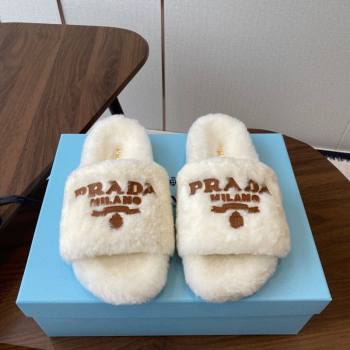 Prada Wool Flat Slides Sandal White2 2025 PR082507 (KL-250825023)