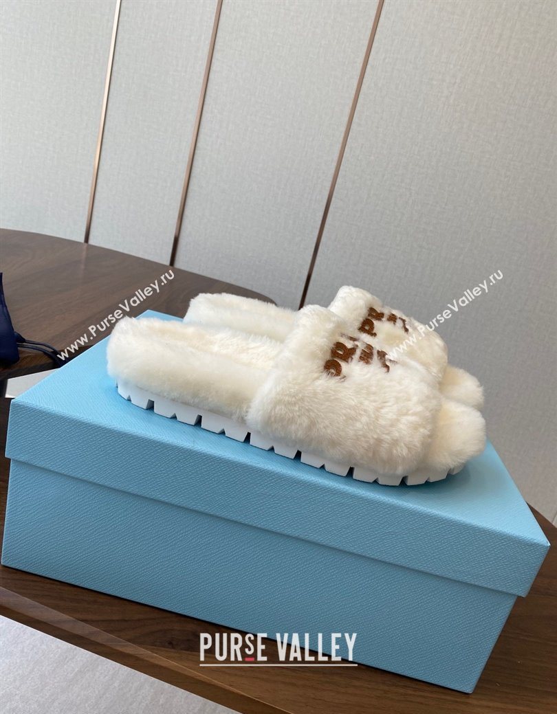 Prada Wool Flat Slides Sandal White2 2025 PR082507 (KL-250825023)