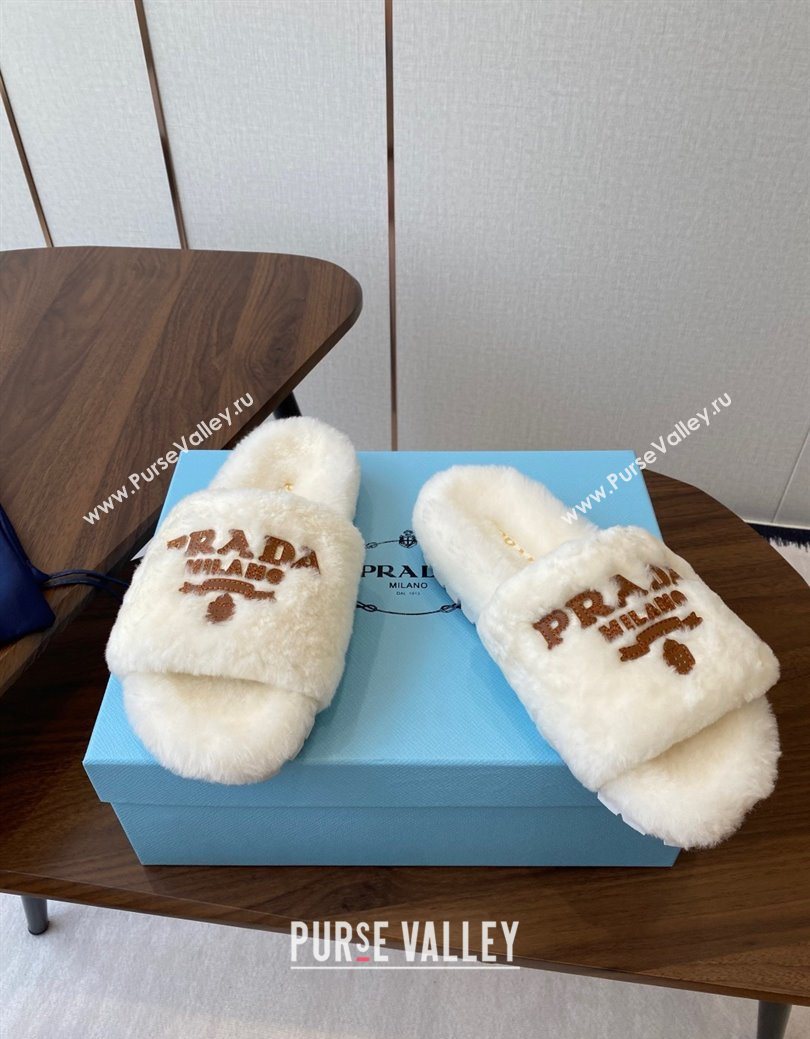 Prada Wool Flat Slides Sandal White2 2025 PR082507 (KL-250825023)