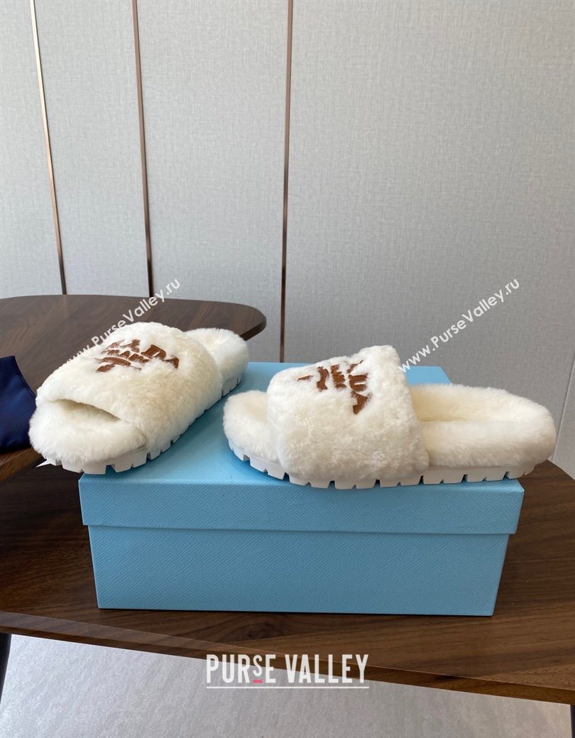 Prada Wool Flat Slides Sandal White2 2025 PR082507 (KL-250825023)