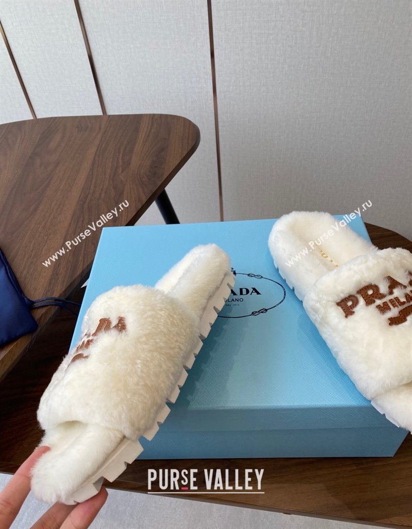 Prada Wool Flat Slides Sandal White2 2025 PR082507 (KL-250825023)