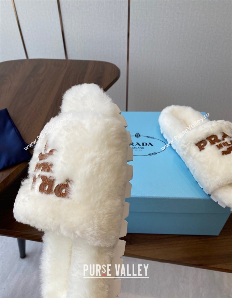 Prada Wool Flat Slides Sandal White2 2025 PR082507 (KL-250825023)