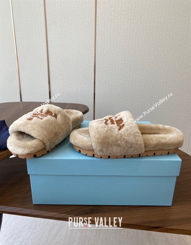 Prada Wool Flat Slides Sandal Beige2 2025 PR082507 (KL-250825024)